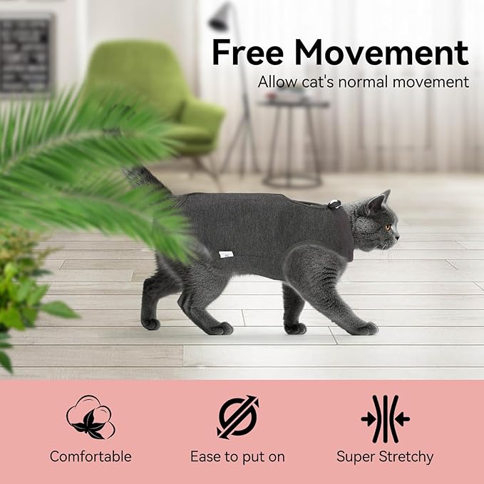 2 PCS Cat Recovery Suit for Spay Abdominal Wounds Female, Cat Onesie for Cats After Surgery, Pet Surgery Recovery Suit Kitten Onesie for Cats Anti Licking (Grey (2PCS), Medium)