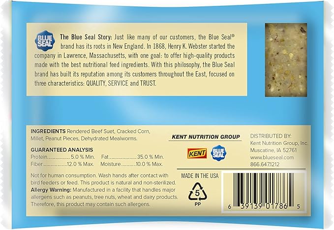 Blue Seal Mealworms & Nuts Suet Cakes for Wild Birds - No Mess Suet Feed, Food for Woodpeckers, Cardinals, Siskins, Sparrows & More - 11oz Suet Feeder, Bird Seed Cakes (Pack of 12)