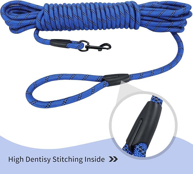Long Dog Leash for Training 50Ft-Reflective Nylon Rope with Swivel Hook-Recall Agility Lead for Large Small Medium Dogs Outside Walking Hiking-Royal Blue Diam 1/2"