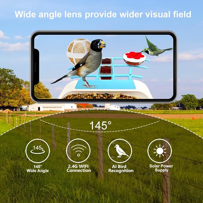 64GB Smart Bird Feeder with Camera Solar Powered, 2K 3MP HD Live Video &Playback on Phone, AI Identify +10,000 Bird Species, 2.4G WiFi Bird Feeder Camera Wireless Outdoor House-Bird Watching (Blue)