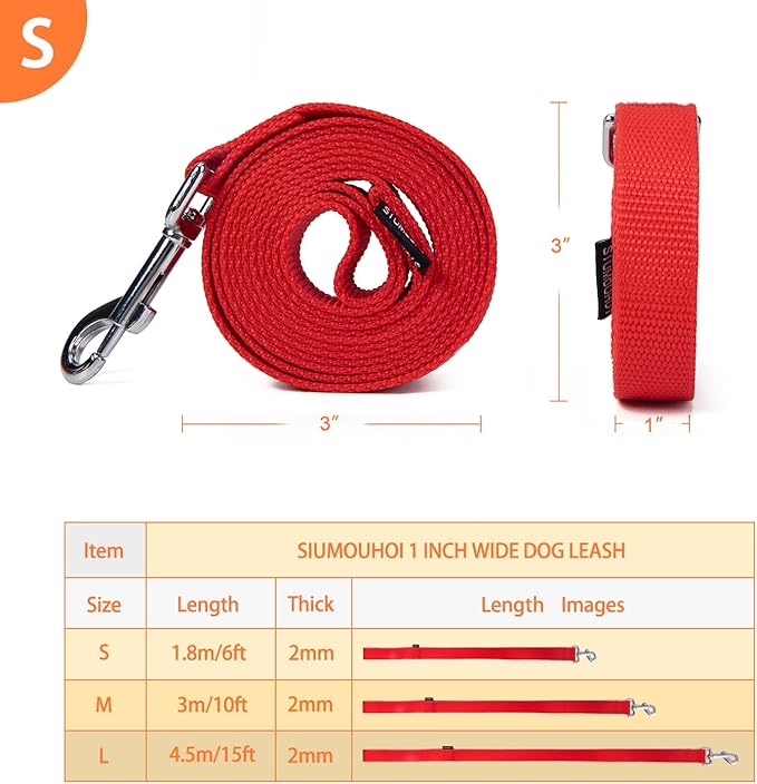 Strong Durable Nylon Dog Training Leash, 1 Inch Wide Traction Rope, 6 ft 10ft 15ft Long, for Small and Medium Dog (Red, 6 Feet)