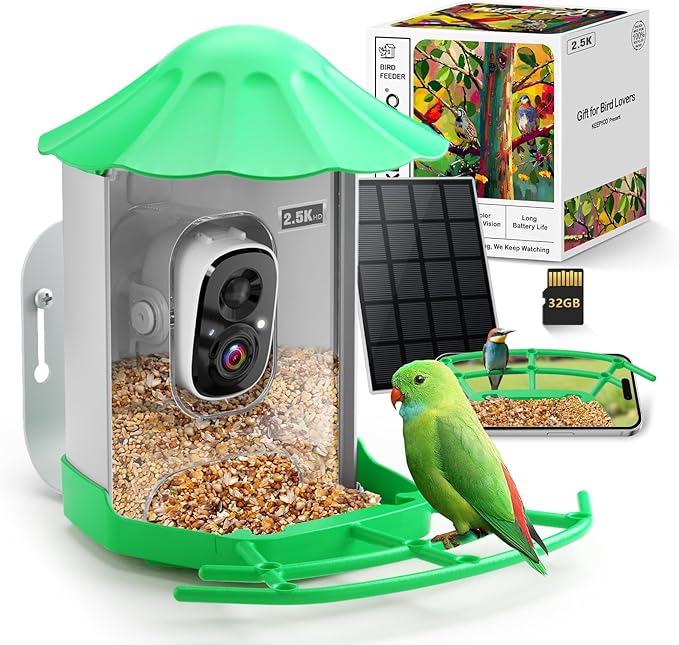 Smart Bird Feeder with Camera for Outdoors Solar Powered, 2.5K HD Video, AI Bird Species Identification, Instant Arrival Alerts, Wireless 2.4Ghz WiFi & Include 32GB SD Card, Ideal Gift (Green)
