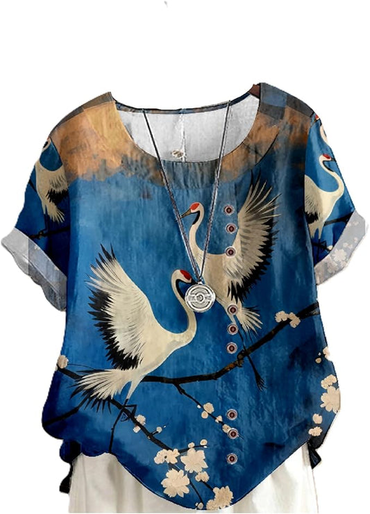 Japanese Print Women Summer Shirts Flower Bird Graphic Plus Size Tunic Tops Crewneck Short Sleeve Blouses