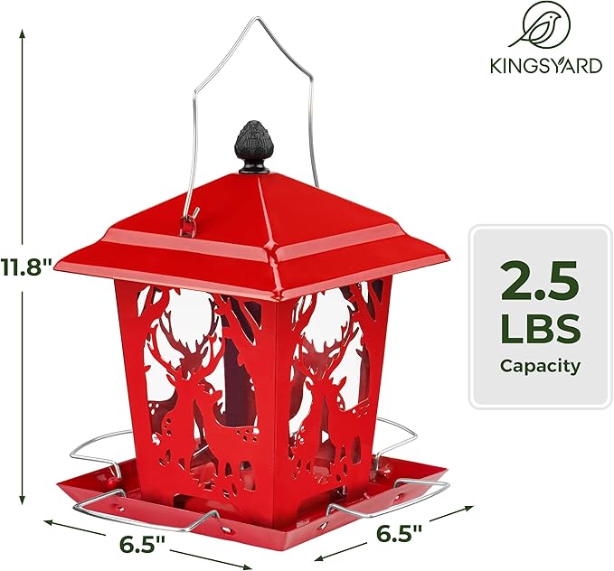 Kingsyard Metal Bird Feeder for Outdoor Hanging - Unique Design Wild Bird Hopper Feeder with 4 Perches and Rainproof Roof, Red