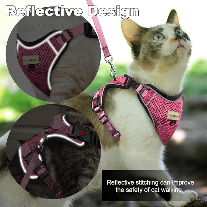 Cat Harness and Leash for Walking, Retractable Cat Harnesses and Leash Set Escape Proof, Breathable Soft Kitten Small Large Harness for Travel Training and Walking, Pink, S