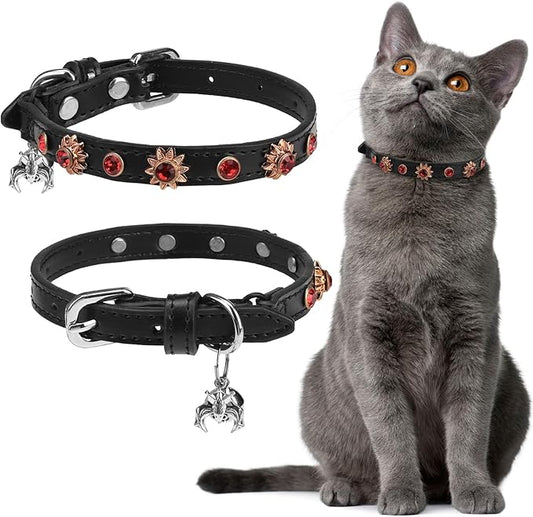 EXPAWLORER Halloween Leather Cat Collar - Adjustable Pet Collar with Rivet Spike for Girl Boy Cats, Punk Accessories with Bell & Durable D-Ring,Red Diamond Sunflower