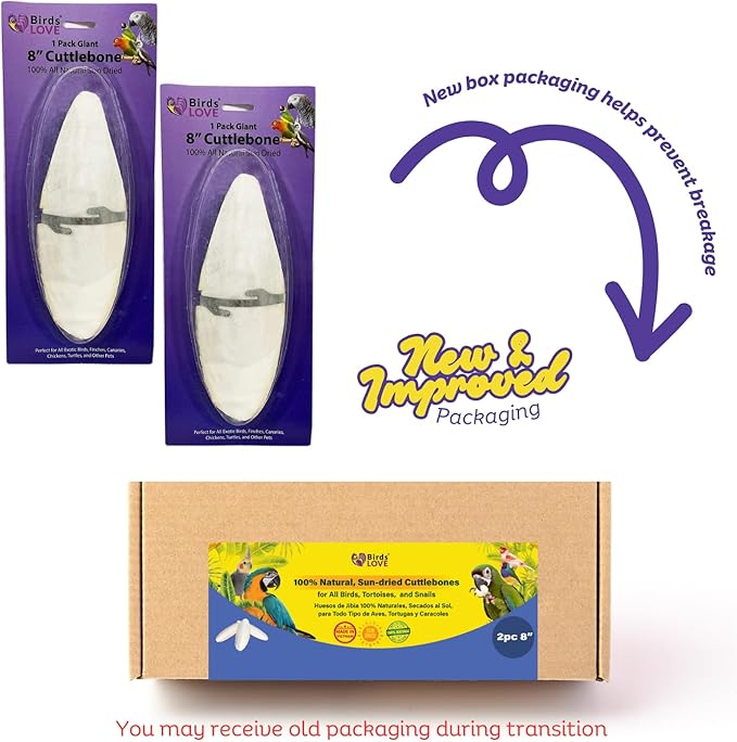 Birds LOVE Natural Cuttlebone for Birds & Reptiles – 100% Pure Sun-Dried Calcium Supplement – Supports Beak, Bone & Shell Strength – Safe Daily Use - 2 Pack with Holder, 7.5-8"