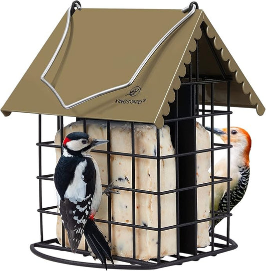 Kingsyard Double Suet Bird Feeder with Weatherproof Roof & Perch, All Metal, Suet Cakes Cage Bird Feeder for Outdoors Hanging, Easy to Clean & Refill, Brown