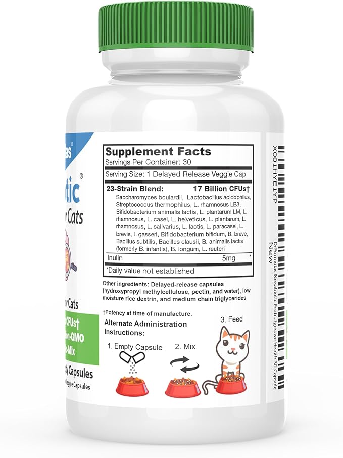 DrFormulas Nexabiotic Probiotics for Cats Powder | Treats Diarrhea for Pets with Saccharomyces Boulardii Lactobacillus Acidophilus, Best Probiotics Supplement for Digestive Health 30 Capsule