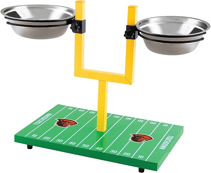 NCAA Oregon State Beavers Goalpost Football Field Dog Feeder – Adjustable Elevated Dog Bowls with Stand, 2 Stainless Steel Bowls, Non-Slip Rubber Feet, Raised Pet Feeder for Large & Small Dogs