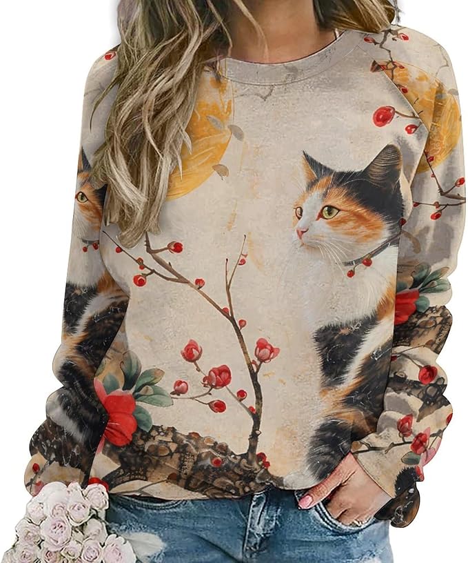 Womens Long Sleeve Tops Y2k Japanese Art Print Sweatshirts Fall Pullover for Women Crewneck Vintage Shirts Boho Tops