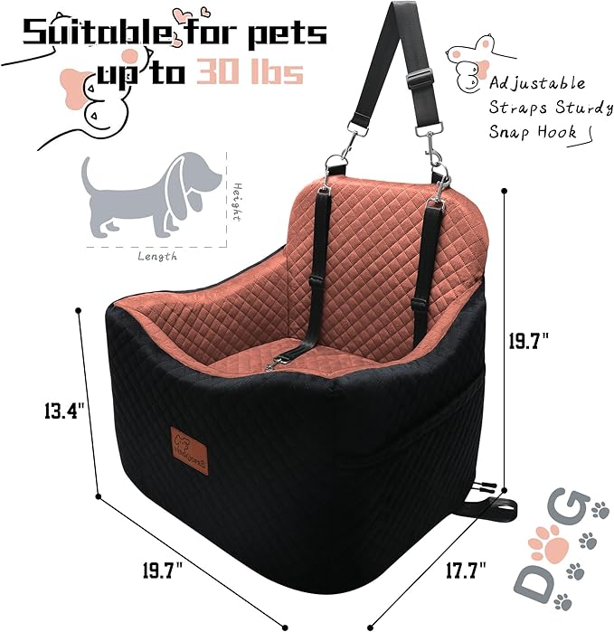 Dog Car Seat for Small/Medium Dogs,Pet Booster Seat with Harness,Memory Foam and Velvet,Safety Comfy Car Travel Pets Carrier,Interior Elevate,Washable and Detachable,Storage Pocket.(H-Black/Brown)