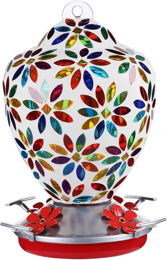 VOREEN Glass Mosaic Hummingbird Feeders, 35OZ with Ant Moat & 4 Feeding Ports, Hand Blown Glass Outdoor Hanging Porch Garden Backyard Decor, Gift for Mom Wife Friend, Flowers Design
