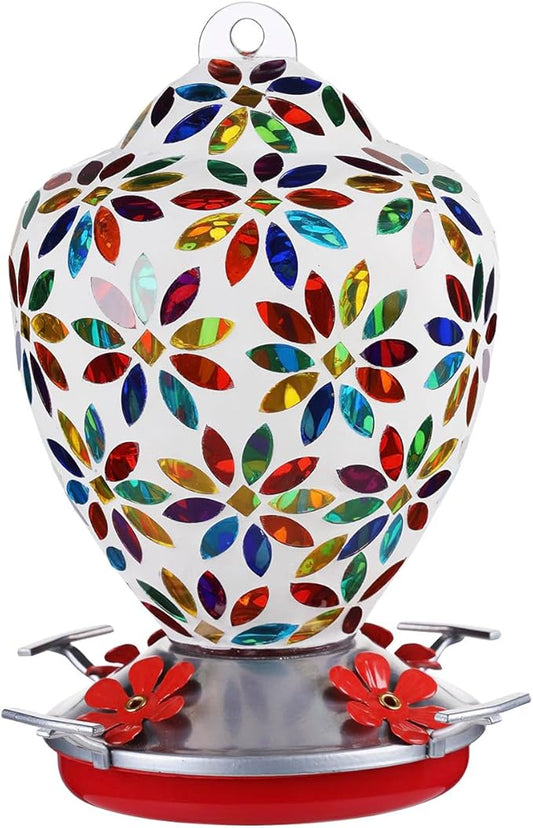 VOREEN Glass Mosaic Hummingbird Feeders, 35OZ with Ant Moat & 4 Feeding Ports, Hand Blown Glass Outdoor Hanging Porch Garden Backyard Decor, Gift for Mom Wife Friend, Flowers Design