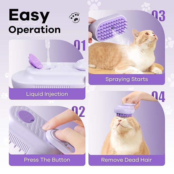 Cat Steam Brush for Shedding, 4 in 1 Rechargeable Steam Brush for Cats and Dogs, Anti-Static, Massage, Cleaning, Shedding & Combing All In One! (purple)