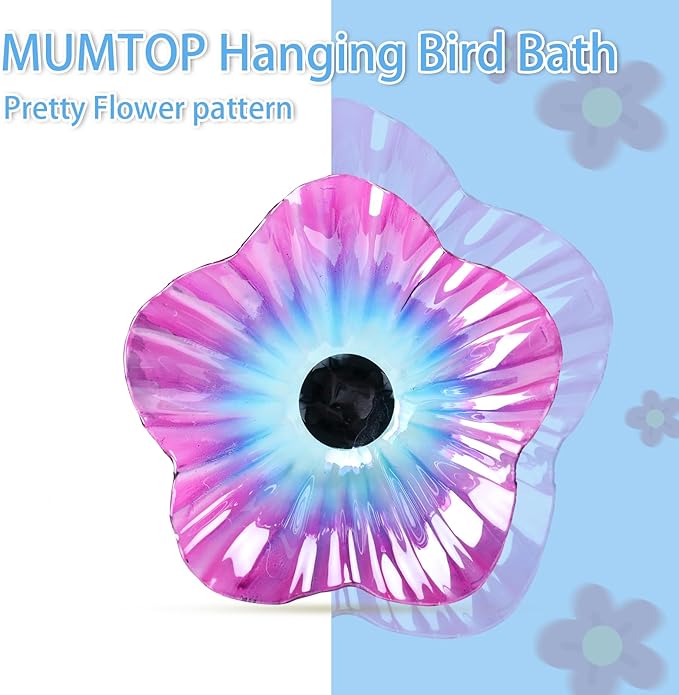 MUMTOP Hanging Bird Bath-Bird Baths for Outdoors - Flower Glass Bird Water Bowl with Hanging Circle, Bird Feeders for Outside, Garden, Lawn Yard Decor（Pink）
