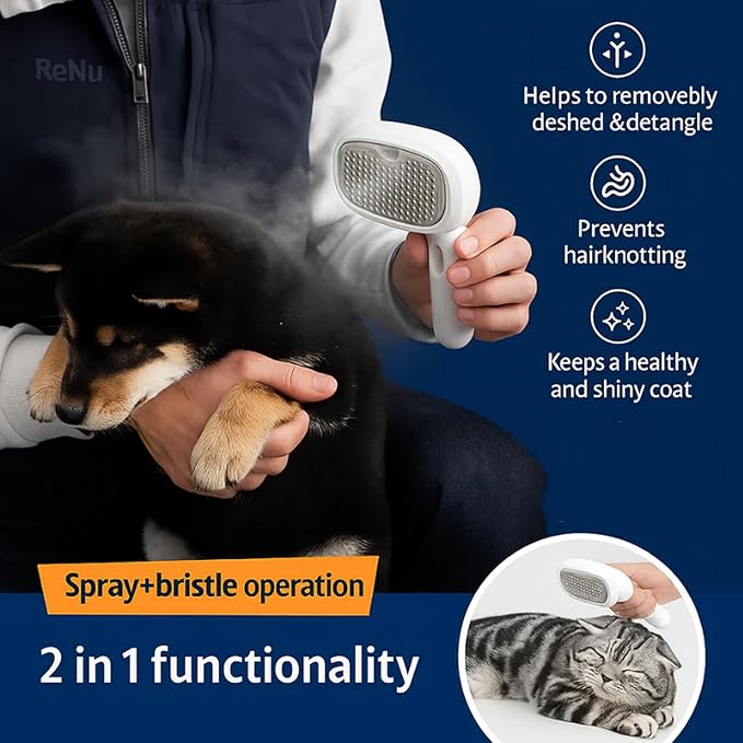 Renu Dog Brush, Renu FreshFur Dog Shower Brush + Bathing Solution, 3 in 1 Self Cleaning Steamy Pet Brushes, Dog Grooming Tool for Long & Short Hair, Removes Loose Hair Reduces Shedding (White)