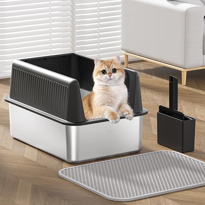 Stainless Steel Cat Litter Box with Lid,XL,19.7”L x 13.8”W x 11.8”H Deep,Metal Litter Box with High Side,for Small and Large Cats,with a Scoop and Scoop Storage Box Litter Mat Double,Easy Cleaning