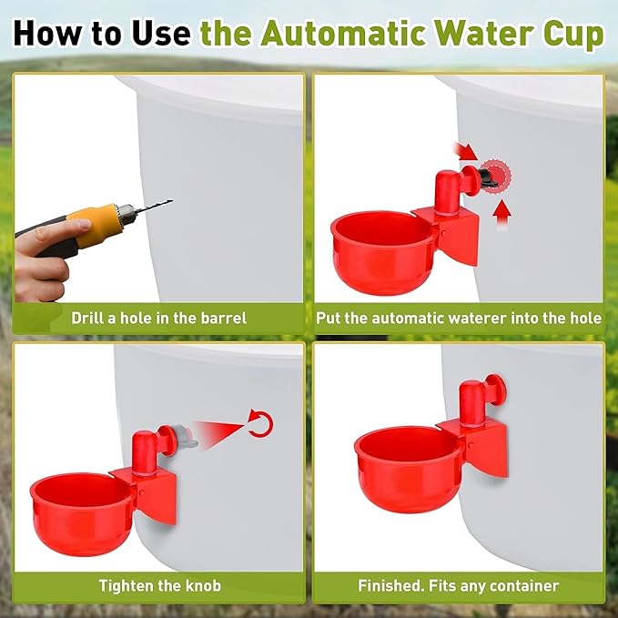 6 Pcs Chicken Feeder and 6 Pcs Water Cup Kit, Gravity Poultry Waterer Cup and Poultry Feeder Port Set with Hole Saw and Sealing Tape, Chicken Feeders No Waste for Duck Bird Quail