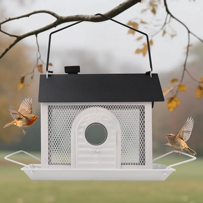 Bird Feeder House for Outdoors – White Metal Hanging Bird Feeder, Decorative Bird House Feeder for Cardinals, Finches, and Wild Birds, Weatherproof Backyard Garden Decor