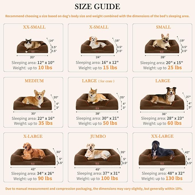 Comfort Expression Large Dog Beds Waterproof Orthopedic Foam Dog Sofa Beds Comfy Pet Bed with Washable Removable Cover & Non-Slip Bottom(Large,Chocolate Brown)