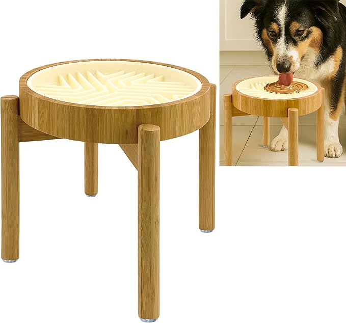 Raised Slow Feeder, Licking Mat/Pad - Suitable for Wet and Dry Dog Foods, Butter and Spreads - 10-inch High with Stand, 8.6-inch, Detachable Parts - Bamboo