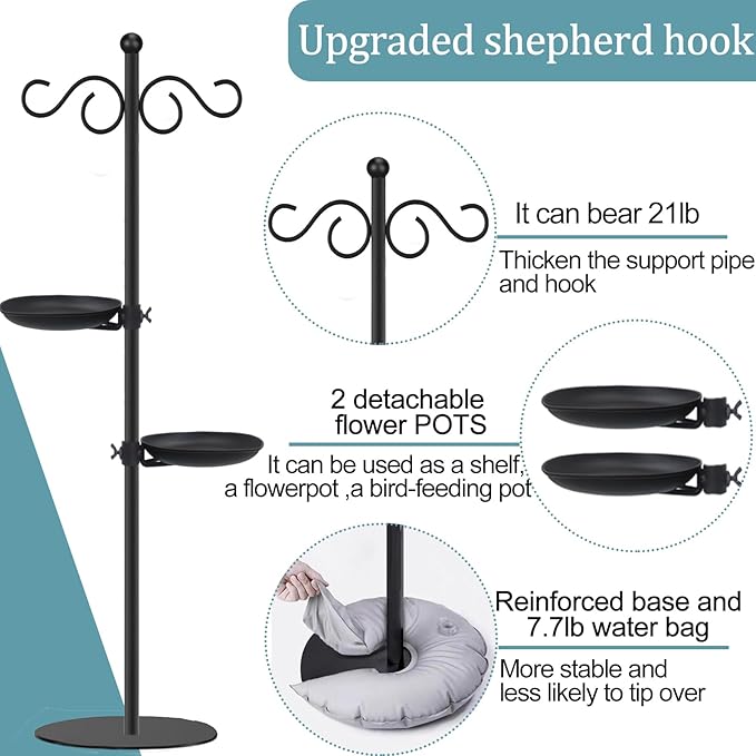 Thickened 75.9" Shepherd's Hook Stand, Bird Feeder，Floor Hanging Plant Stand，Wind Chime Hanger, Waterproof Metal & Adjustable-Height Standing Pole Holder , Indoor & Outdoor（2 Placement Racks