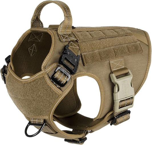 ICEFANG Tactical Dog Harness, Medium Size,2X Metal Buckle,Working Dog MOLLE Vest with Handle,No Pulling Front Leash Clip,Hook and Loop Panel (Brown,M (Pack of 1))