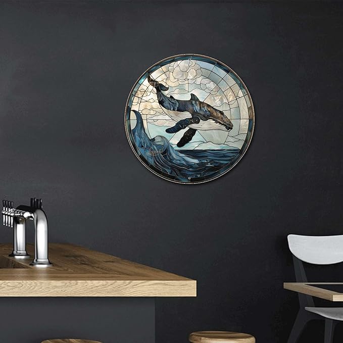 Lygond Metal Sign Tin Sign Circular Stained Glass Whale Sign for Garden for Restaurant 12×12 Inches