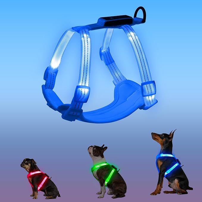 Rechargeable Light Up Dog Harness for Small Dogs – Adjustable LED Dog Vest with Reflective Strips, No Pull Glow in The Dark Puppy Harness for Night Walking Safety-Blue