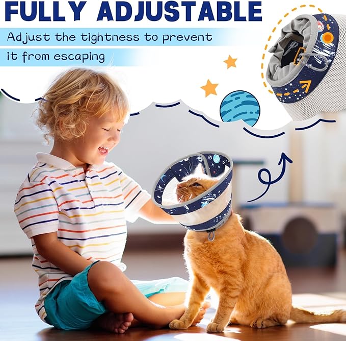 Breathable Air Mesh Cat Cone Collar Soft - Adjustable Recovery Collar to Stop Licking After Surgery, Foldable Lightweight E-Collar for Cats & Kittens (Sky Star, S)