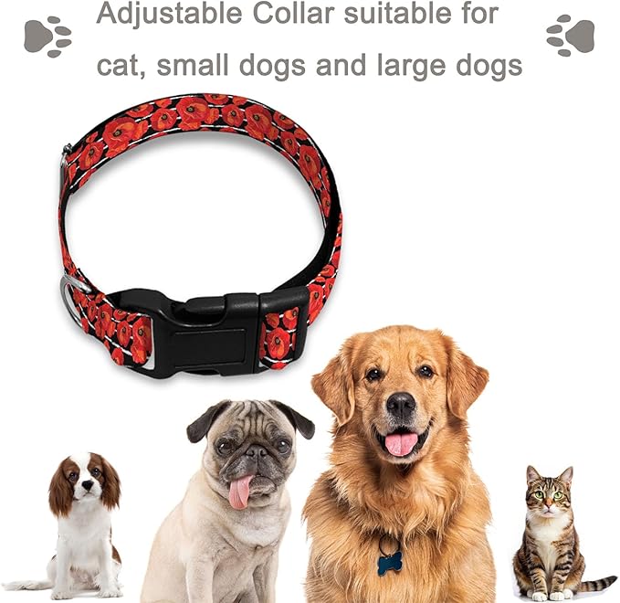 Red Flower Black White Stripes Dog Collars Soft Adjustable Collar Strap for Small Medium Large Dogs Cats Pet