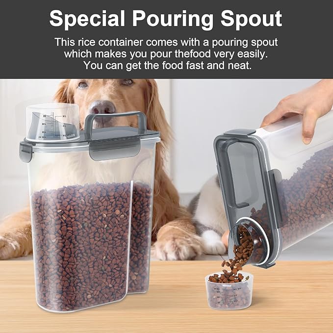 5-7Lbs Cat Dog Pet Food Storage Container with Large Nozzle Design/4 Safety Buckles/Double-Layer Sealing Strips/Handle/Measuring Cup is Easy to Clean and Does BPA-free (Clear Black)