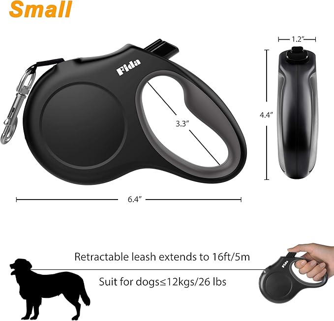Fida Retractable Dog Leash with Dispenser and Poop Bags, 16 ft Pet Walking Leash for Small Dog or Cat up to 26 lbs, Anti-Slip Soft Handle, Tangle Free, Reflective Nylon Tape (S, Black)