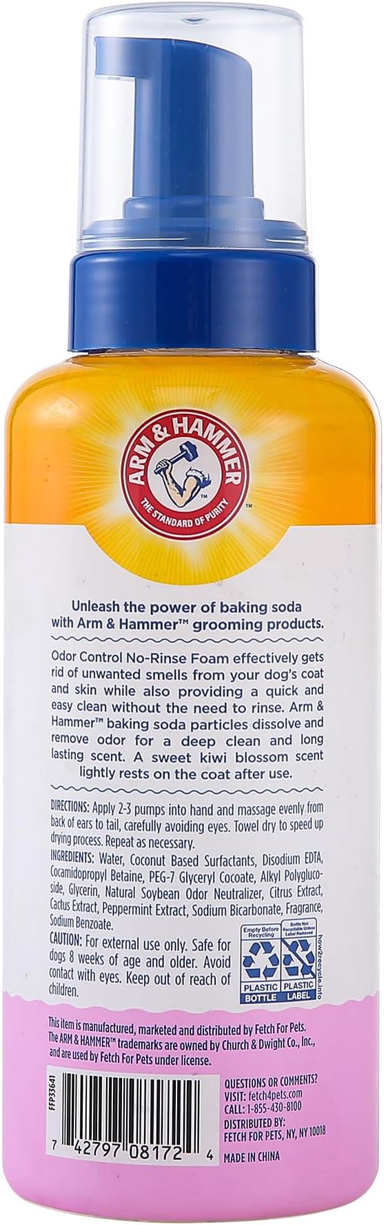 Arm & Hammer for Pets Odor Control Pet No-Rinse Foam with Baking Soda, Kiwi Blossom Scent, Best Odor Eliminating Foam for Dogs and Puppies; Waterless Dog Deodorizer, 16 Fl Oz