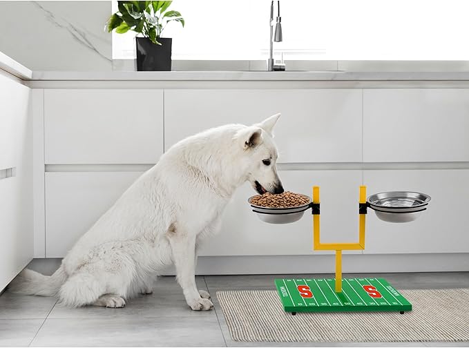 NCAA Syracuse Orange Goalpost Football Field Dog Feeder – Adjustable Elevated Dog Bowls with Stand, 2 Stainless Steel Bowls, Non-Slip Rubber Feet, Raised Pet Feeder for Large & Small Dogs