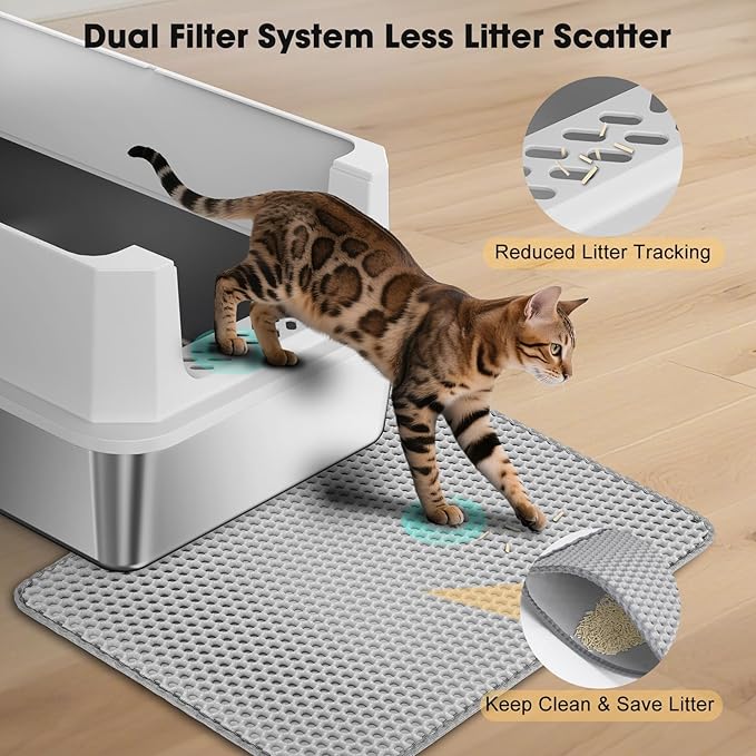FURTIME Stainless Steel Litter Box with Lid, Large Metal Cat Litter Box for Big Cat, Large Cat Box High Sided with Non-Stick, Odor-Resistant, Anti-Urine Leakage, Easy Cleaning, Includes Scoop and Mat