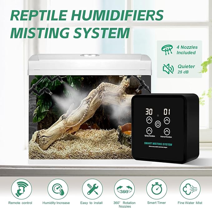 Automatic Reptile Mister Humidifier with Timer, Programmable Terrarium Misting System for Chameleons, Snakes, Frogs, Turtles & Lizards - Smart Spray Control