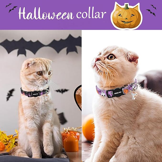 ARING PET 2 Pack Cat Collars-Cute Cat Collar Breakaway with Bell & Pendant, Adjustable Purple Halloween Kitten Collars with Safety Buckle for Girl and Boy Cats