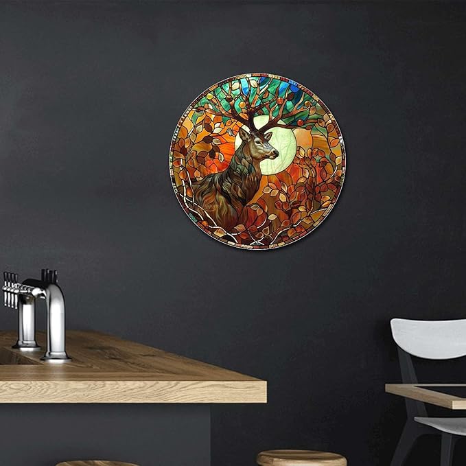 Lygond Metal Sign Tin Sign Circular Stained Glass Deer Vintage Metal Sign for Garage 8×8 Inches