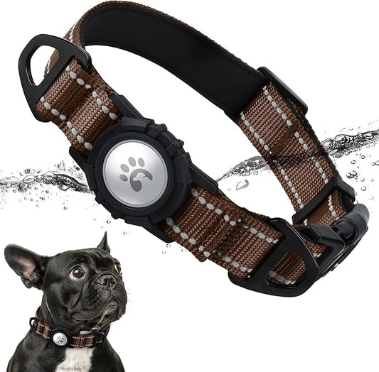TagME Airtag Dog Collar,Waterproof Reflective Pet Collar with Airtag Holder,Soft Padded and Double D-Rings for Puppy,Brown