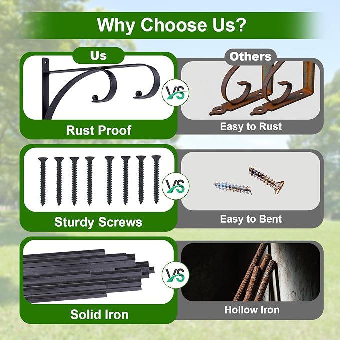 Plant Hangers Outdoor Indoor, 10 Inch Heavy Duty Wall Hooks 2/4 Pack, Decorative Iron Plant Hooks for Hanging Plants, Bird Feeders, Wind Chimes, Flower Baskets (2Pack)