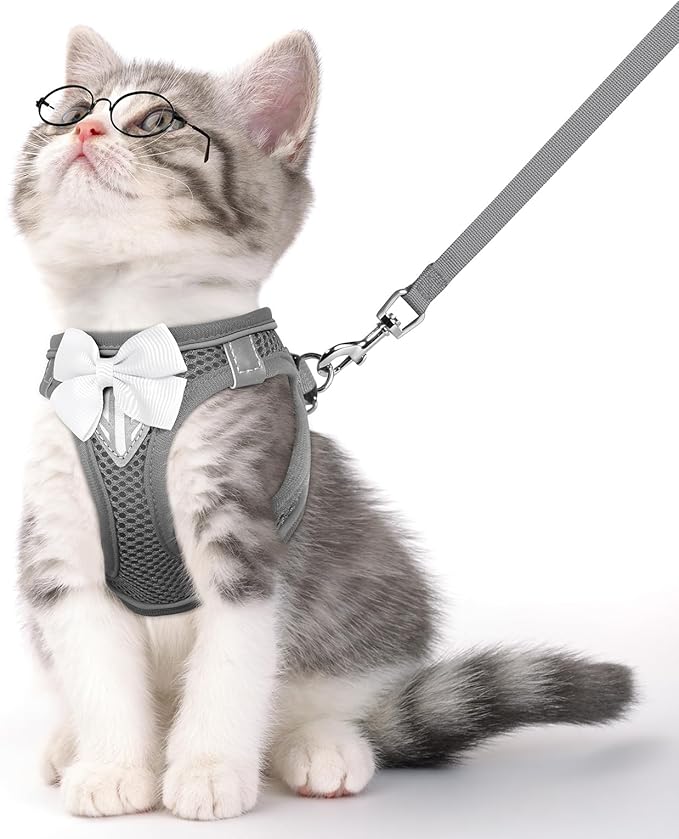 Cat Vest Harness and Leash Set for Walking Escape Proof, Adjustable Kitten Harness Breathable Mesh with Reflective Strips Harness for Kitty Puppy Bunny (Grey,S)