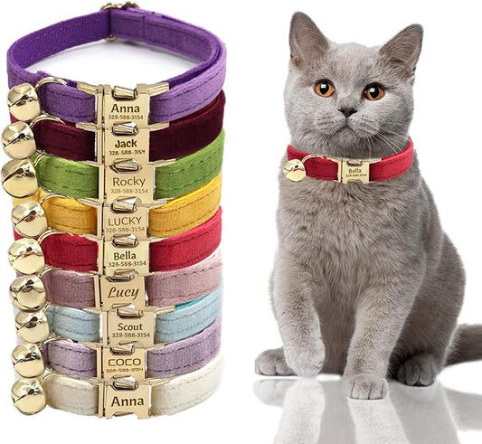 Personalized Cat Collar with Custom Name Plate, Customize Engraved Gold Metal Buckle, Adjustable Velvet Tough Nylon Cat ID Tag Collars with Bell