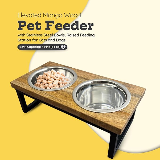 Elevated Dog Bowls, Medium 6 Height Mango Wood Raised Dog Bowl Iron Stand with 2 Pcs 64 oz Stainless Steel Pet Dishes | Food & Water 8 Cup / 1.9 L Capacity Nonslip Cats Feeding Station