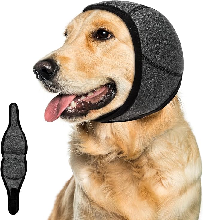 Dog Ear Muffs Noise Protection, No Flap Ear Wraps Cover for Dogs Bath Grooming, Adjustable Dog Calming Hoodie Hematoma Anxiety Firework Thunder,Waterproof Dogs Shower Cap Drying Swimming Bathing (LG)