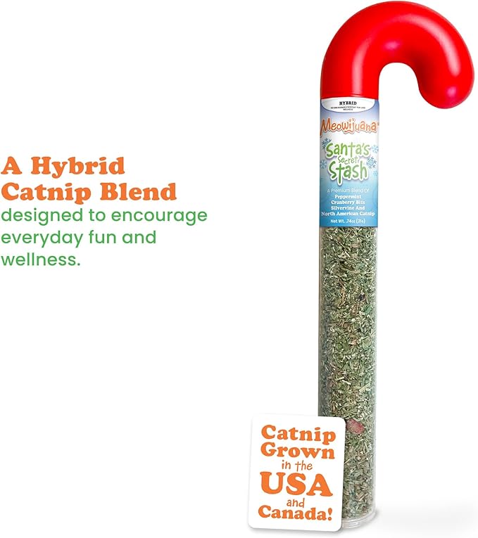 Meowijuana | Santa's Secret Stash | Holiday Catnip Filled Candy Cane | Winter Lift Catnip Blend | Cat Toys | Promotes Play and Cat Health | Organic Catnip