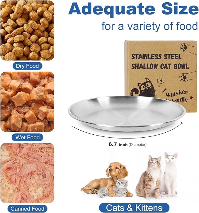 Supet Whisker Frinendly Cat Plates for Wet and Dry Food, Cat Bowls with Non-Slip Bottom, 304 Stainless Steel Flat Wide Shallow Dishes for Indoor Kitten (8Pcs)