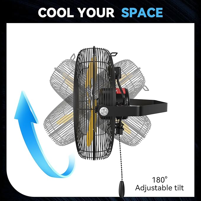 12 IN High Velocity Wall Mount Fan, 3 Speed Industrial Wall Fan with Sealed Motor, 2500 CFM Adjustable Air Circulator for Garage, Commercial, Greenhouse, Warehouse & Gazebo Use, UL Listed