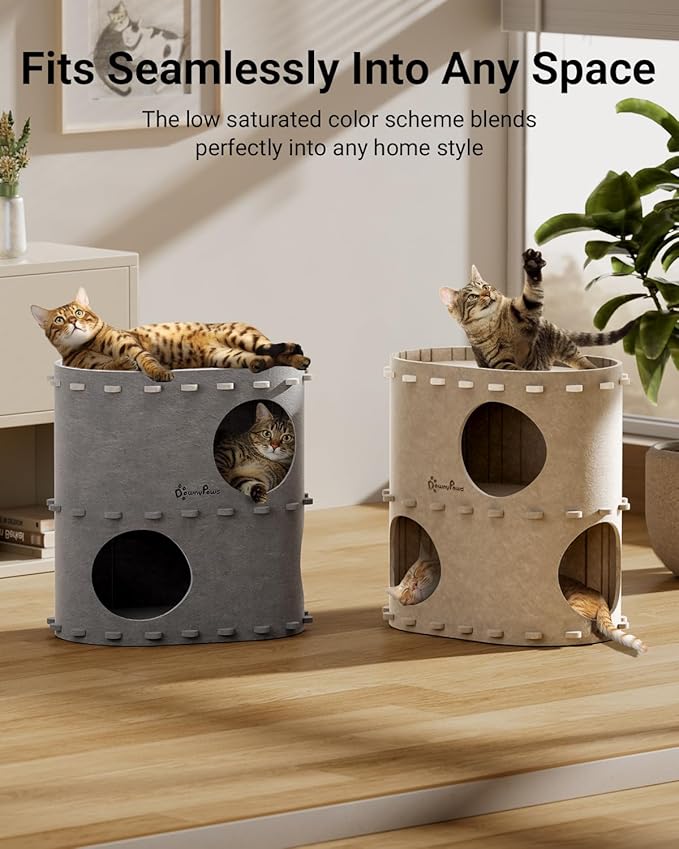 DownyPaws Cat House for Indoor Cats, 2-Storey Foldable Cat Bed Cave, Felt Cats Tunnel Bed Condo, Castle Kitten Cube Hideaway for Multicats, Scratch Resistant, Light Gray
